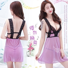 悸動樂章！深V蕾絲花邊寬版肩帶柔紗睡衣﹝淺紫﹞
