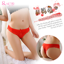 引誘魔力！腰際帶荷葉愛心蕾絲滾邊T字褲﹝紅﹞