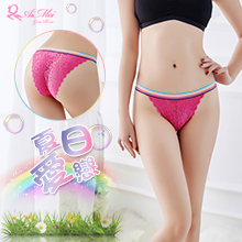 夏日愛戀！彩紅腰帶拼接蕾絲三角褲﹝玫紅﹞