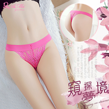 窺探夢境！彈力腰帶小鈕扣蕾絲T字褲﹝玫紅﹞