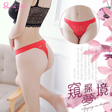 窺探夢境！彈力腰帶小鈕扣蕾絲T字褲﹝紅﹞