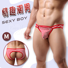 情趣潮男 ‧ 橫條紋露屁屁三角內褲﹝紅 M﹞