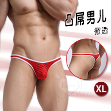 【凸屌男兒】條紋拼接亮絲微透低腰T字褲﹝紅 XL﹞