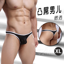 【凸屌男兒】條紋拼接亮絲微透低腰T字褲﹝黑 XL﹞