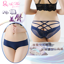 心機美臀！後雙交叉細帶冰絲鏤空中腰三角褲﹝深藍﹞