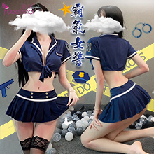 女警角色扮演服！前開襟綁帶短上衣金屬鈕釦皺摺短裙四件式套裝  - 含絲襪