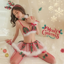 聖誕魅力／新年狂歡派對！麋鹿髮箍紅綠格紋拼接點點雪花蓬蓬短裙七件式套裝