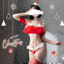 聖誕魅力／新年狂歡派對！蓬蓬袖一字肩絨毛蝴蝶結細膩網眼蜜桃臀四件式套裝