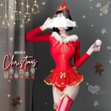 聖誕魅力／新年狂歡派對！金邊蝴蝶結挖空裸背腰際蓬裙長袖連身網衣三件組