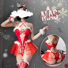 聖誕魅力／新年狂歡派對！交叉肩帶毛毛邊條環狀裸空連身網衣四件式套裝