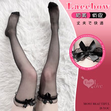 蝴蝶結拼接滾邊蕾絲長筒絲襪﹝黑﹞
