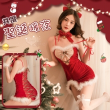 聖誕魅力／新年狂歡派對！蝴蝶結鈴鐺毛毛透紗絲絨拼接後交叉繫帶六件式套裝