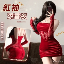 情趣睡衣！紅色魅力復古絲絨拼蕾絲連身裙含袖套三件組