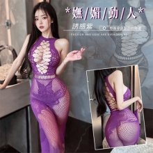 極性貓裝！鏤空美胸蝴蝶緹花不修邊斜裙擺連身網衣長裙﹝紫﹞