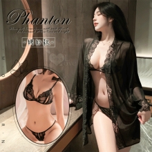 情趣睡衣！蕾絲花邊比基尼百搭睡袍網紗透視三件組﹝黑﹞