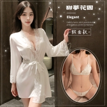 情趣睡衣！蕾絲花邊比基尼百搭睡袍絲綢緞面三件組﹝白﹞