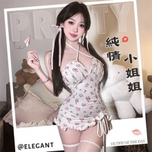 情趣睡衣！少女風交叉綁脖荷葉邊側抽繩玫瑰連身裙含襪三件組