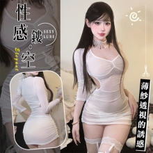 情趣睡衣！七分袖挖空露腰側抓皺薄紗透膚連身裙含吊帶絲襪四件式套裝