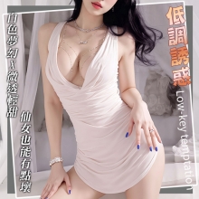 情趣睡衣！堆堆領露胸輕薄透紗綁脖後裸空繫帶兩件組﹝白﹞