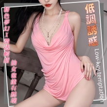情趣睡衣！堆堆領露胸輕薄透紗綁脖後裸空繫帶兩件組﹝粉﹞