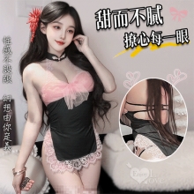 情趣睡衣!古典盤釦掛脖大露背薄紗掩胸睫毛蕾絲連身裙兩件組