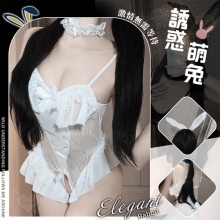兔女郎角色扮演服！鏤空鋼圈露乳洞洞薄紗透視開襠連身衣五件式套装﹝白﹞