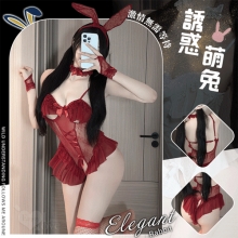 兔女郎角色扮演服!鏤空鋼圈露乳洞洞薄紗透視開襠連身衣五件式套装﹝紅﹞