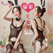 兔女郎角色扮演服！綁脖領結蕾絲交叉露背裸肌吊襪帶五件式套裝 - 含絲襪【2000元滿額貴賓禮】