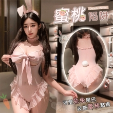 兔女郎角色扮演服!鋼圈托乳蝴蝶結高衩波點蕾絲開襠連身衣三件組
