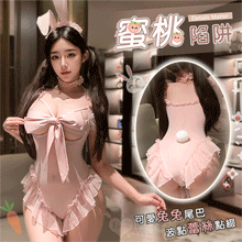 兔女郎角色扮演服！鋼圈托乳蝴蝶結高衩波點蕾絲開襠連身衣三件組